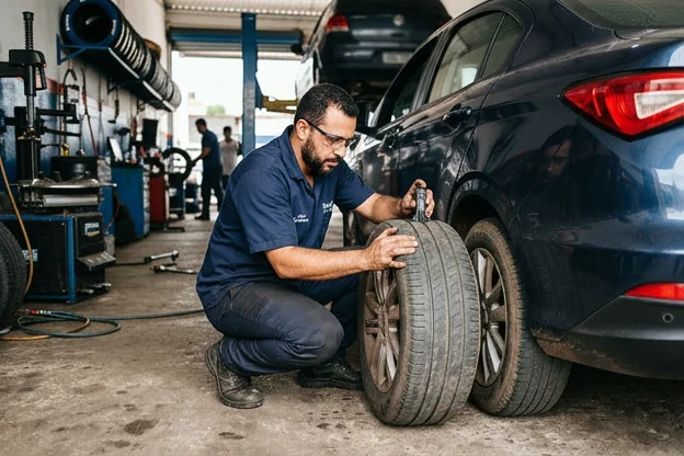 Profissional inspecionando pneus de um veículo em Caxias.