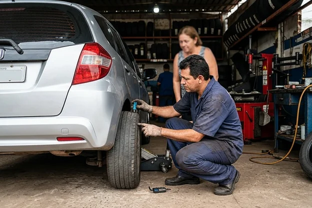 Técnico avaliando o estado dos pneus de um veículo em Caxias.