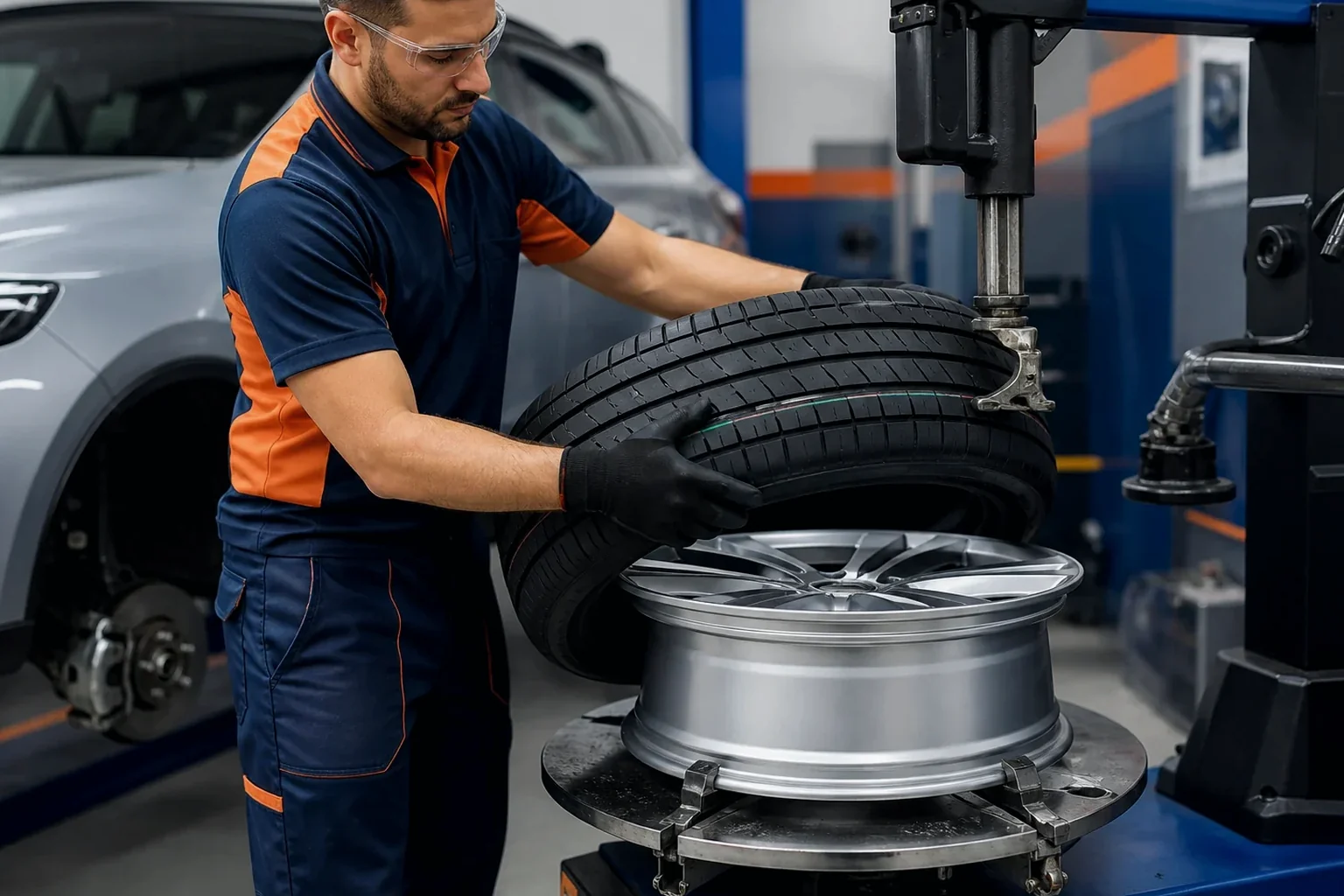 Técnico trocando pneus de um veículo na O Polo Borracharia em Caxias.